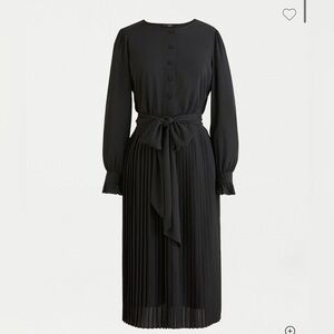 J. Crew Navy Pleated Long-Sleeve Midi Dress with Tie Waist